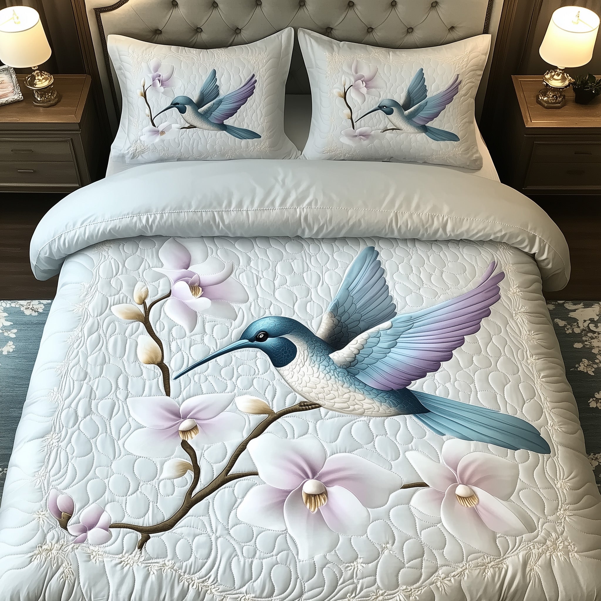Wings of the Wild Bloom Quilted Bedding Set Duvet Cover Bedspread Hummingbird Gifts For Her