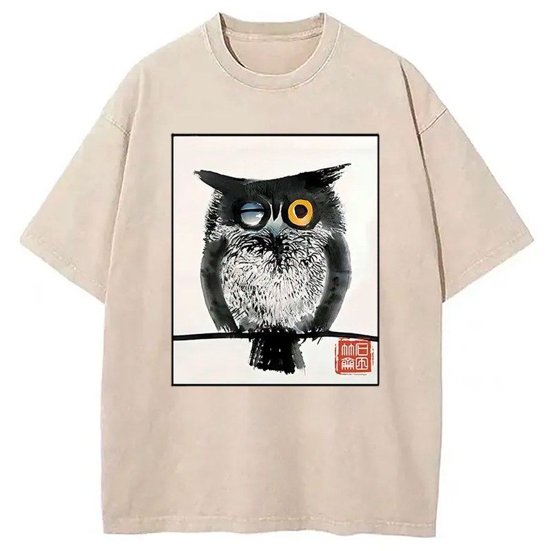 Wink Owl Washed T-Shirt Soft Cotton Daily Wear Tee Gifts For Him Wink Owl Washed T-Shirt Soft Cotton Daily Wear Tee Gifts For Him