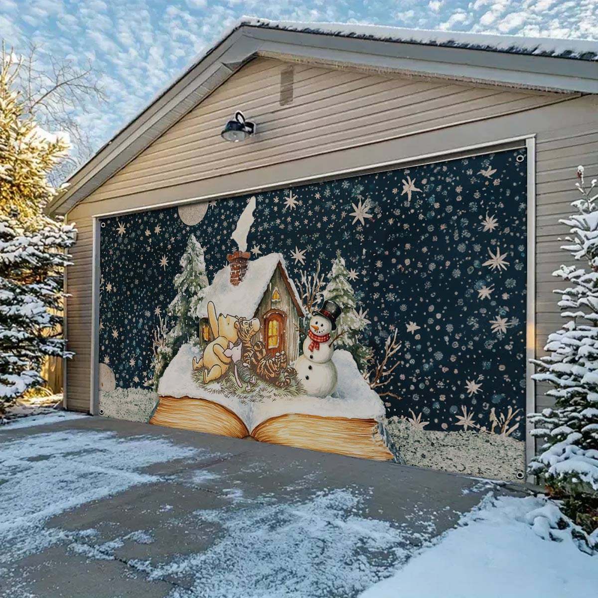 Winnie And Snowman Christmas Garage Door Banner Christmas Decoration Winnie Lover Xmas Gifts