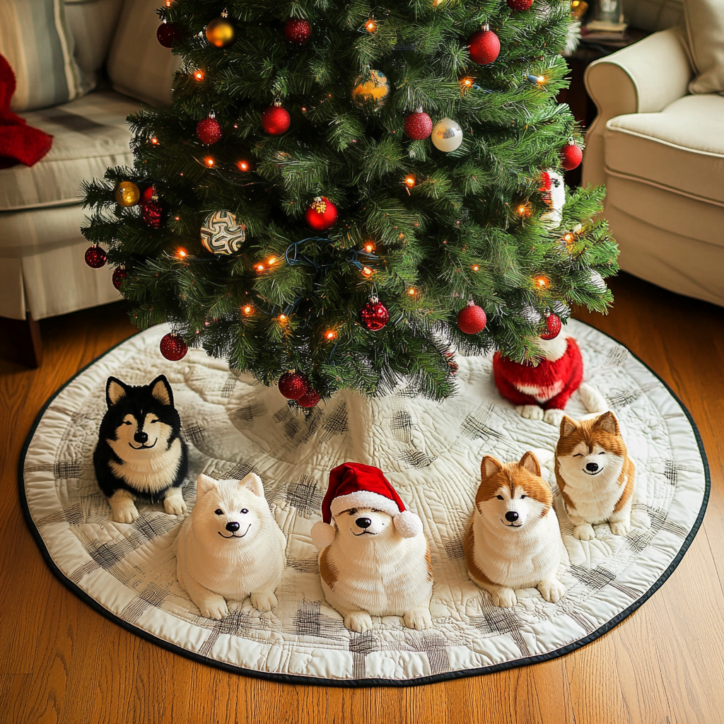 Winter Akita Wonderland Christmas Quilted Tree Skirt Lovely Holiday Tree Skirt for Festive Vibes