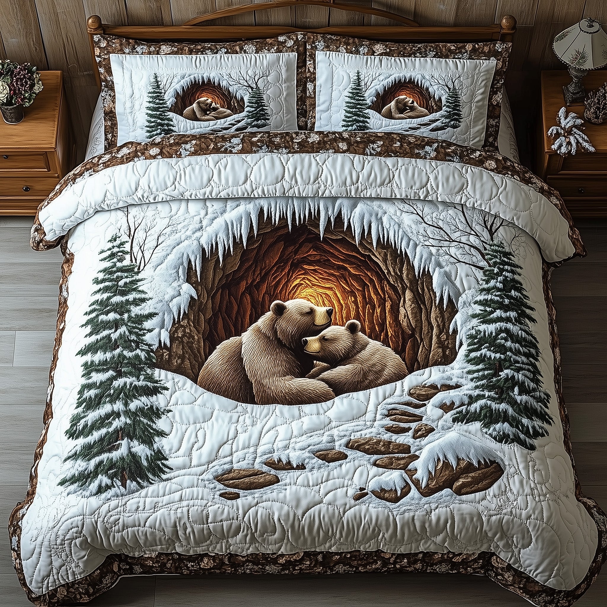 Winter Bear Sanctuary Quilted Bedding Set Cozy Bear Place Decor Best Wildlife Bedroom Gifts