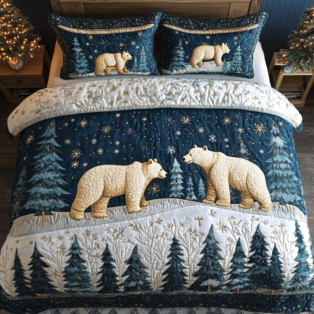Winter Bears Quilted Bedding Set Best Christmas Duvet Cover Set Bear Gifts For Dad