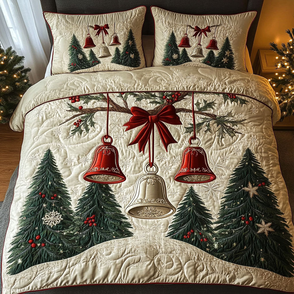 Winter Bells Delight Quilted Bedding Set Full Size Bed Set Holiday Inspired Gift For Children