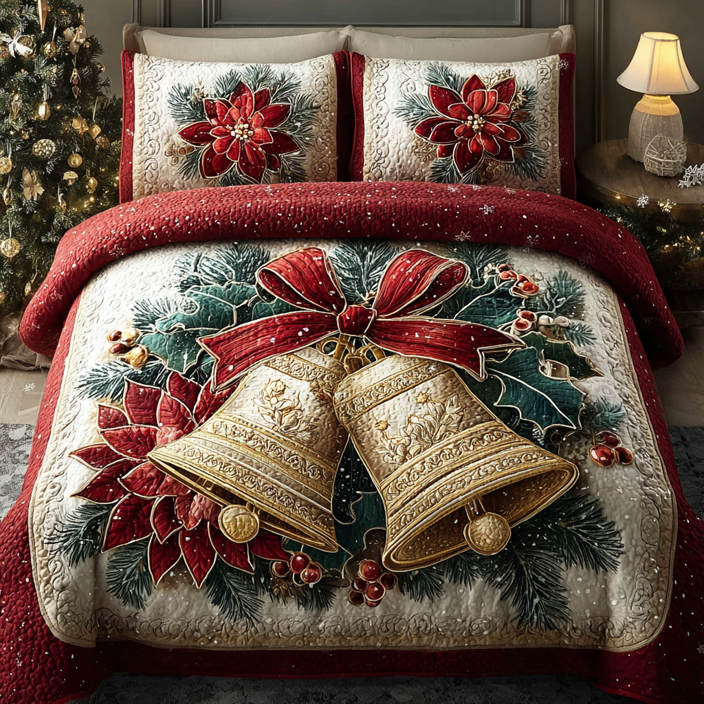Winter Bells Quilted Bedding Set Holiday Duvet Covers Family Gift Ideas For Christmas