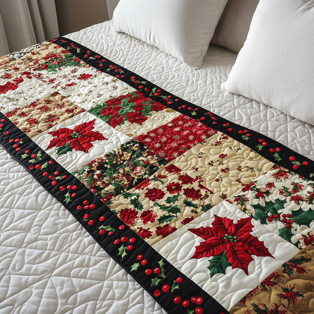 Winter Bloom Quilted Bed Runner Christmas Holiday Decor Secret Santa Gifts