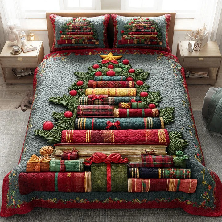 Winter Booktree 3-Piece Quilted Bedding Set Christmas Book Lover Bedspread Best Xmas Gift Ideas