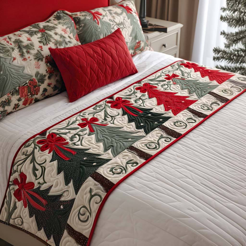 Winter Bow Glow Quilted Bed Runner Christmas Bed Decor Secret Santa Gifts