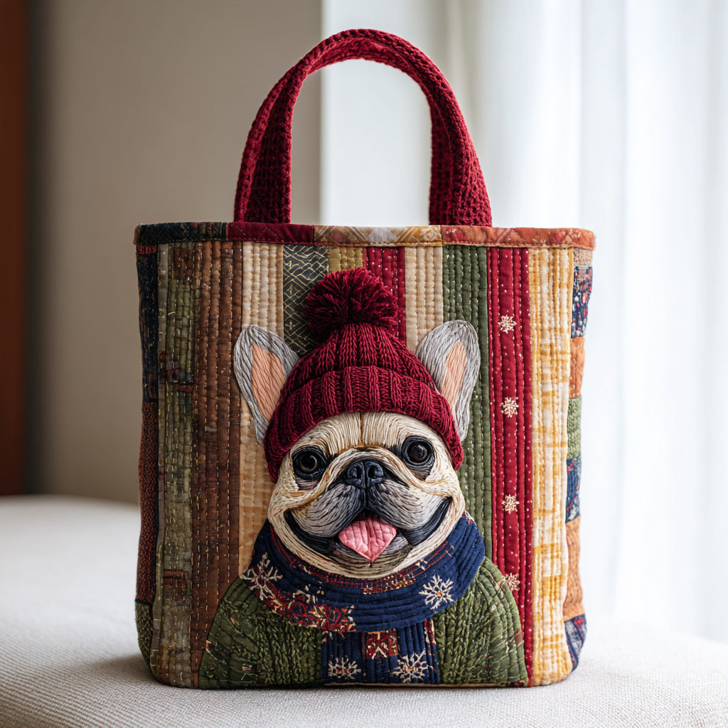 Winter Bulldog Quilted Tote Bag Unique Dog Presents