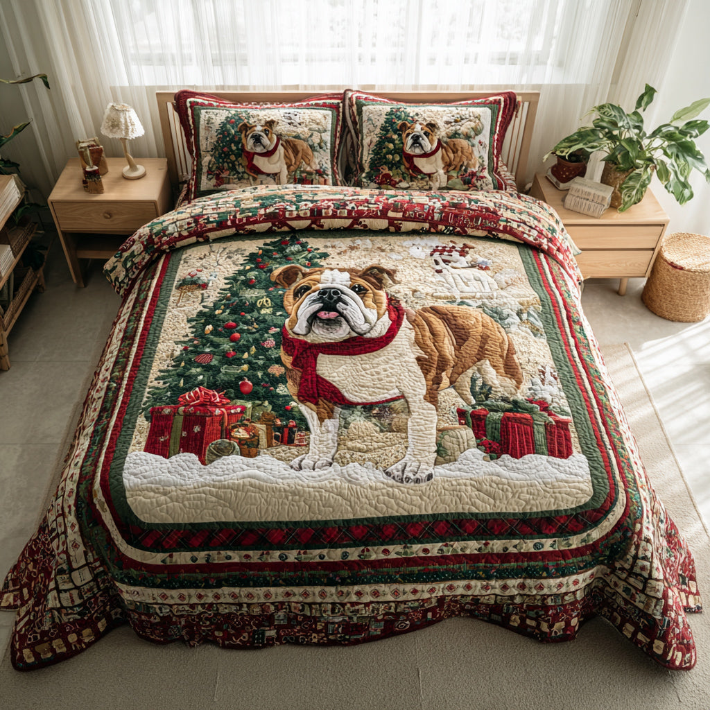 Winter Bulldog Wonderland Quilted Bedding Set Christmas Bedding Duvet Cover French Bulldog Owner Gifts