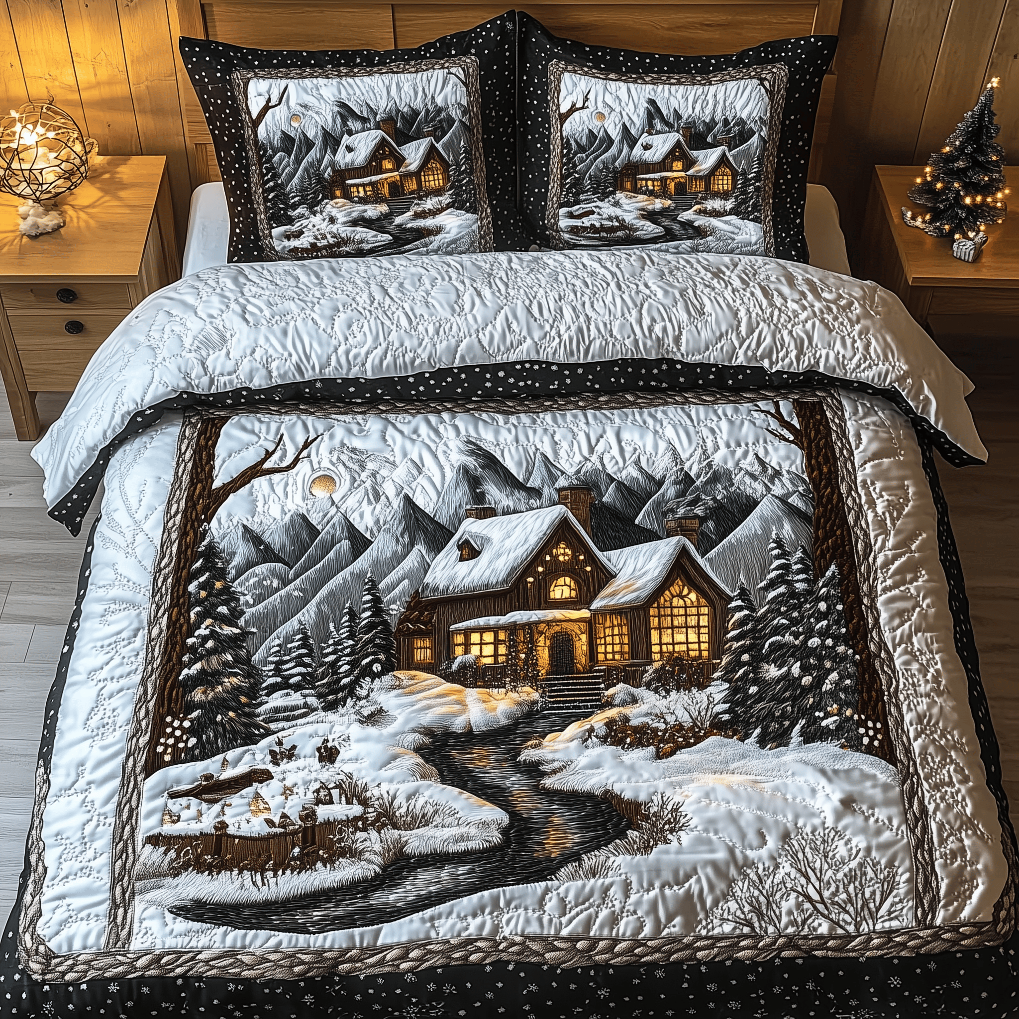 Winter Cabin Night Quilted Bedding Set Christmas Bedding Set Gift Experiences For Couples