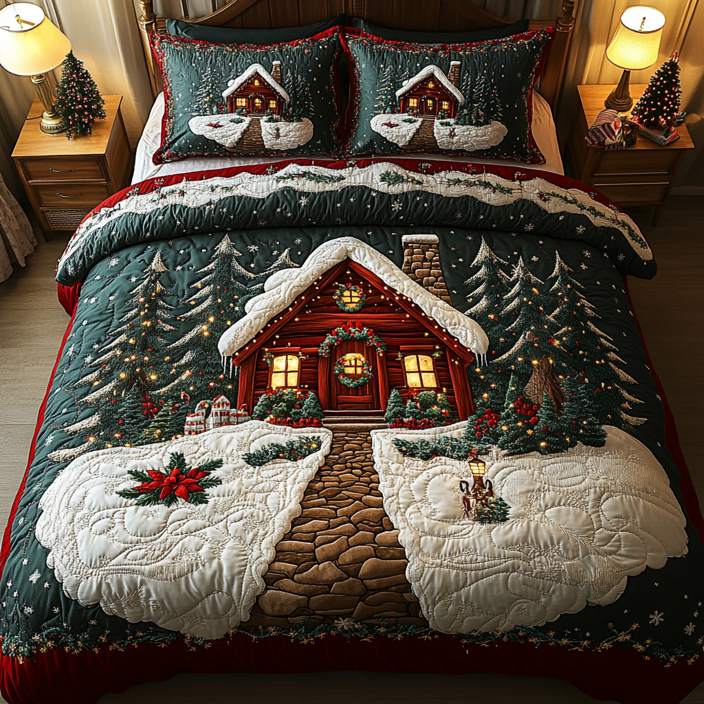 Winter Cabin Quilted Bedding Set Holiday Duvet Cover Set Christmas Ideas For Women