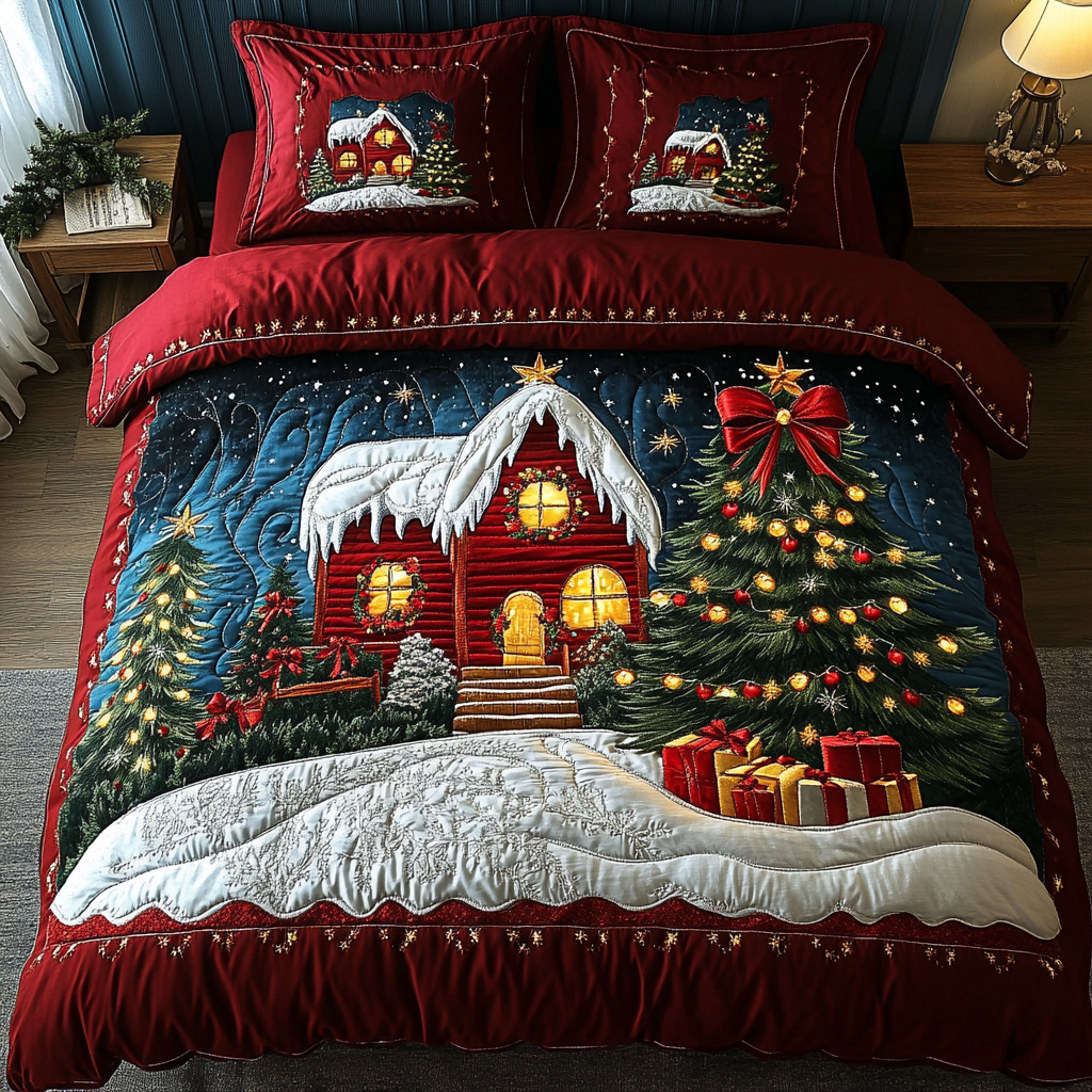 Winter Cabin Quilted Bedding Set Xmas Duvet Cover Set Christmas Gift Ideas 2025