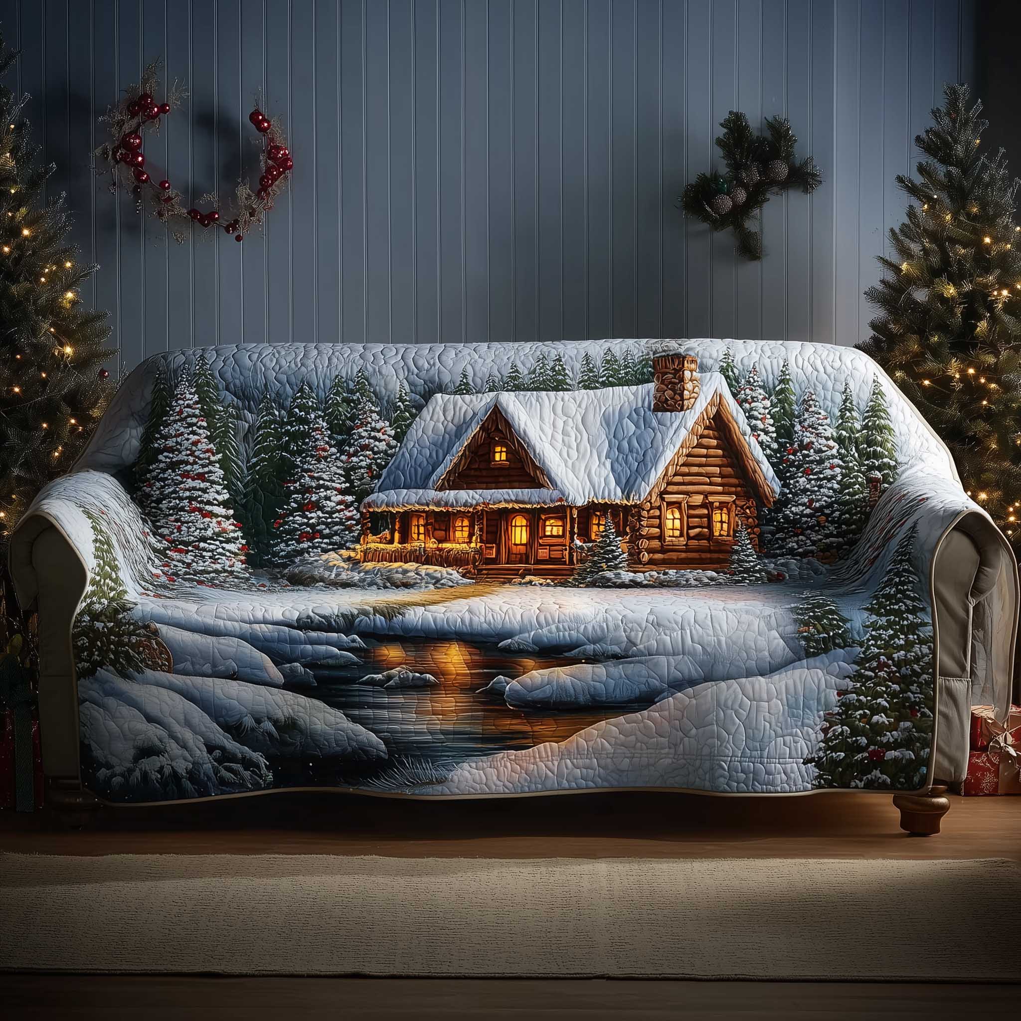 Winter Cabin Quilted Sofa Cover Cozy Log Cabin Winter Ambiance Best Christmas Throws For Sofa
