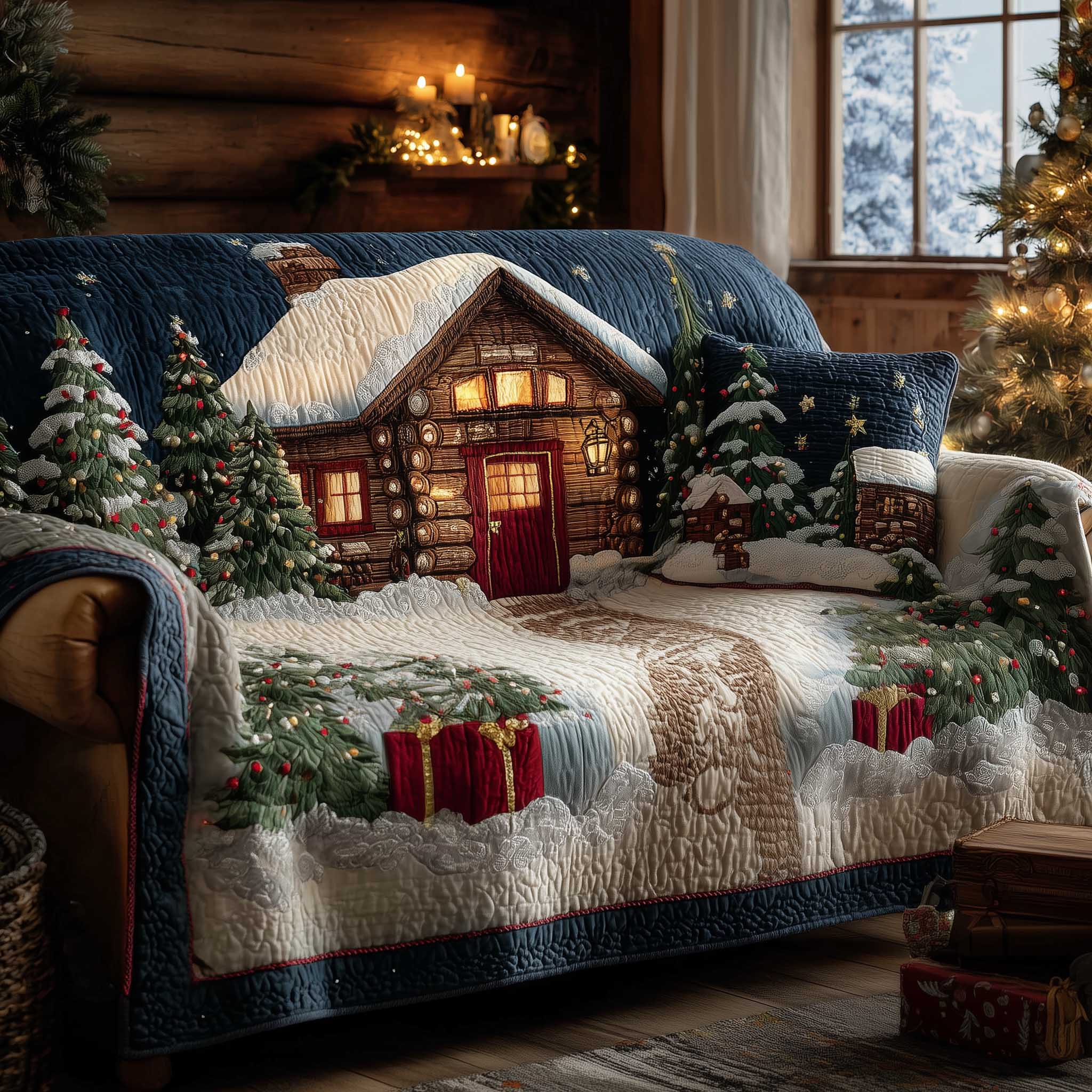 Winter Cabin Quilted Sofa Cover Forest Cabin Winter Accent Gifts For House Warming