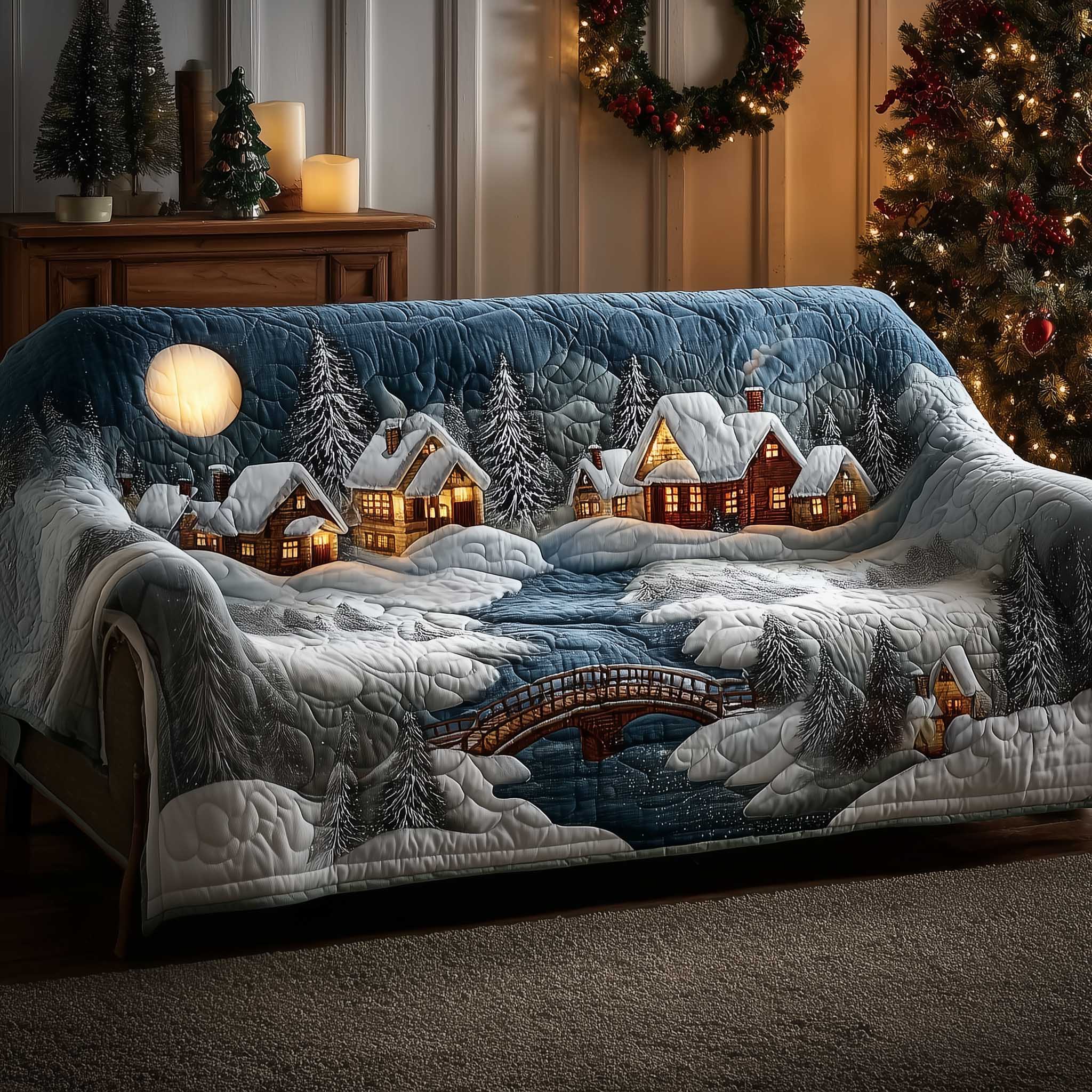 Winter Cabin Quilted Sofa Cover Pine Trees and Cabin Quilt Gifts For House Warming