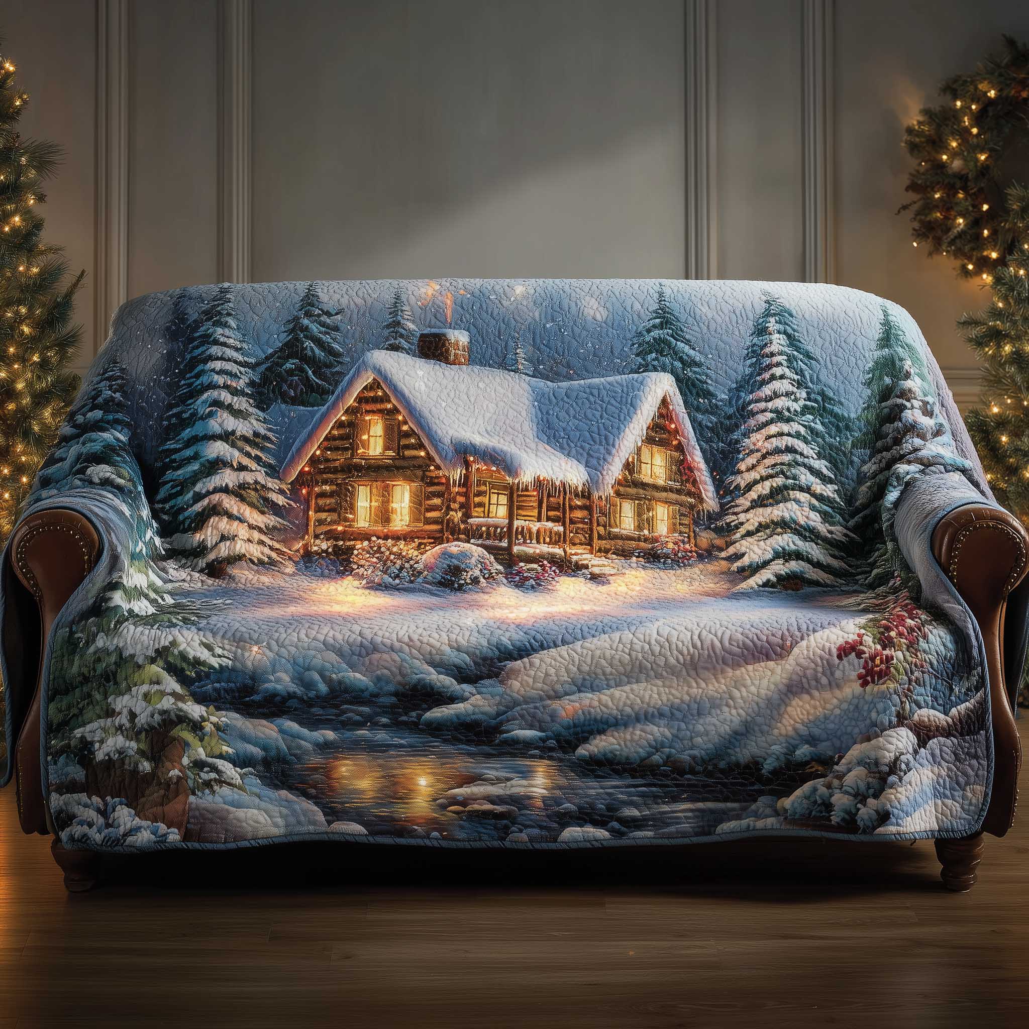 Winter Cabin Quilted Sofa Cover Rustic Mountain Cabin Scene Protector Gifts For House Warming