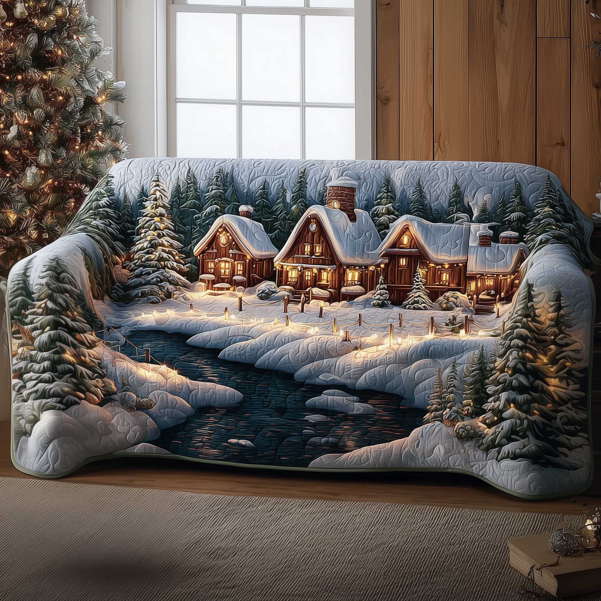 Winter Cabin Quilted Sofa Cover Secluded Cabin Holiday Motif Gifts For House Warming