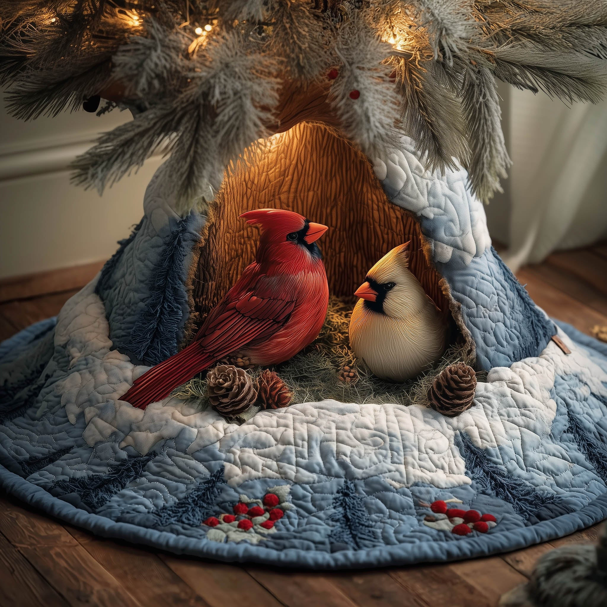 Winter Cardinal Family Quilted Tree Skirt Indoor Xmas Decorations Xmas Gifts For Mom
