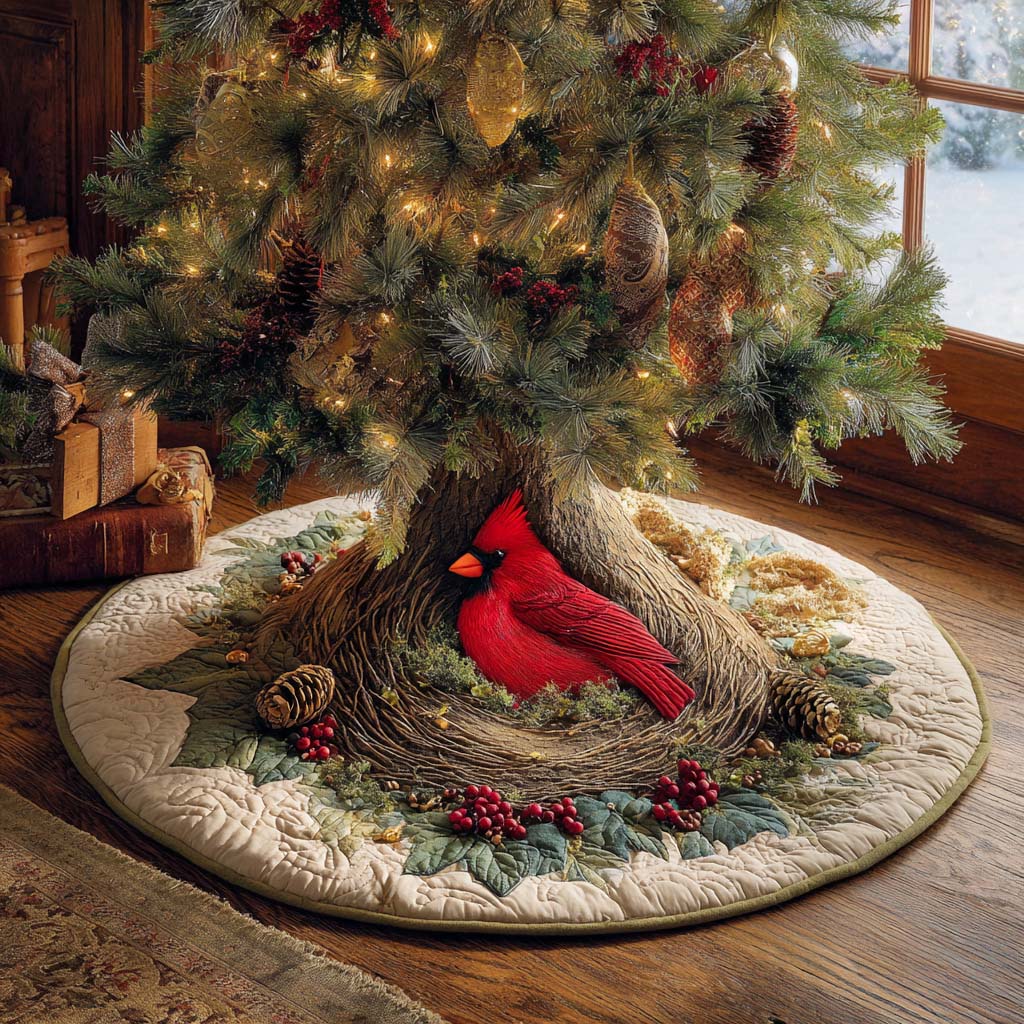 Winter Cardinal Nest Quilted Tree Skirt Holiday Decorations Unique Cardinal Gifts