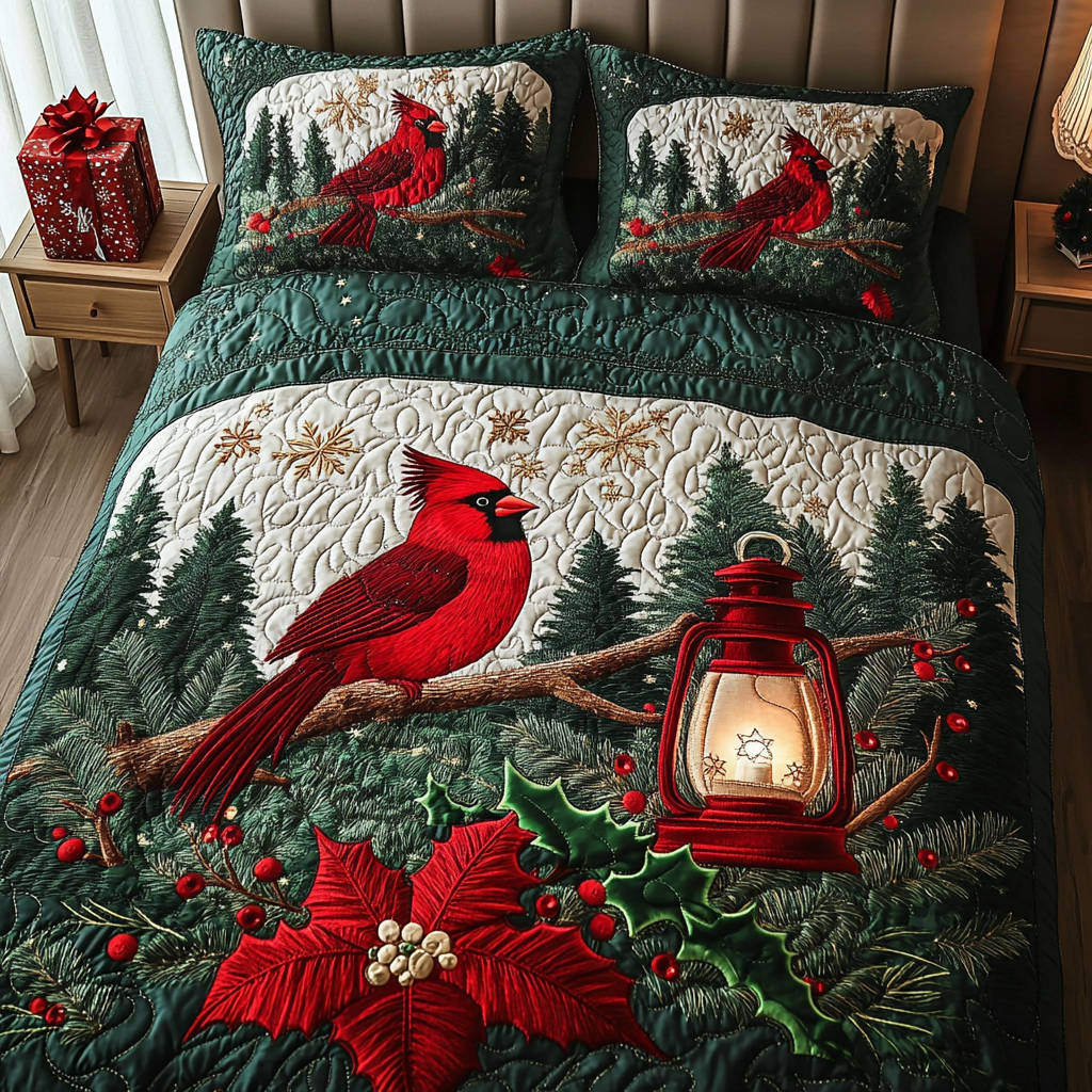 Winter Cardinal Quilted Bedding Set Best Christmas Duvet Cover Set Unique Cardinal Gift Ideas
