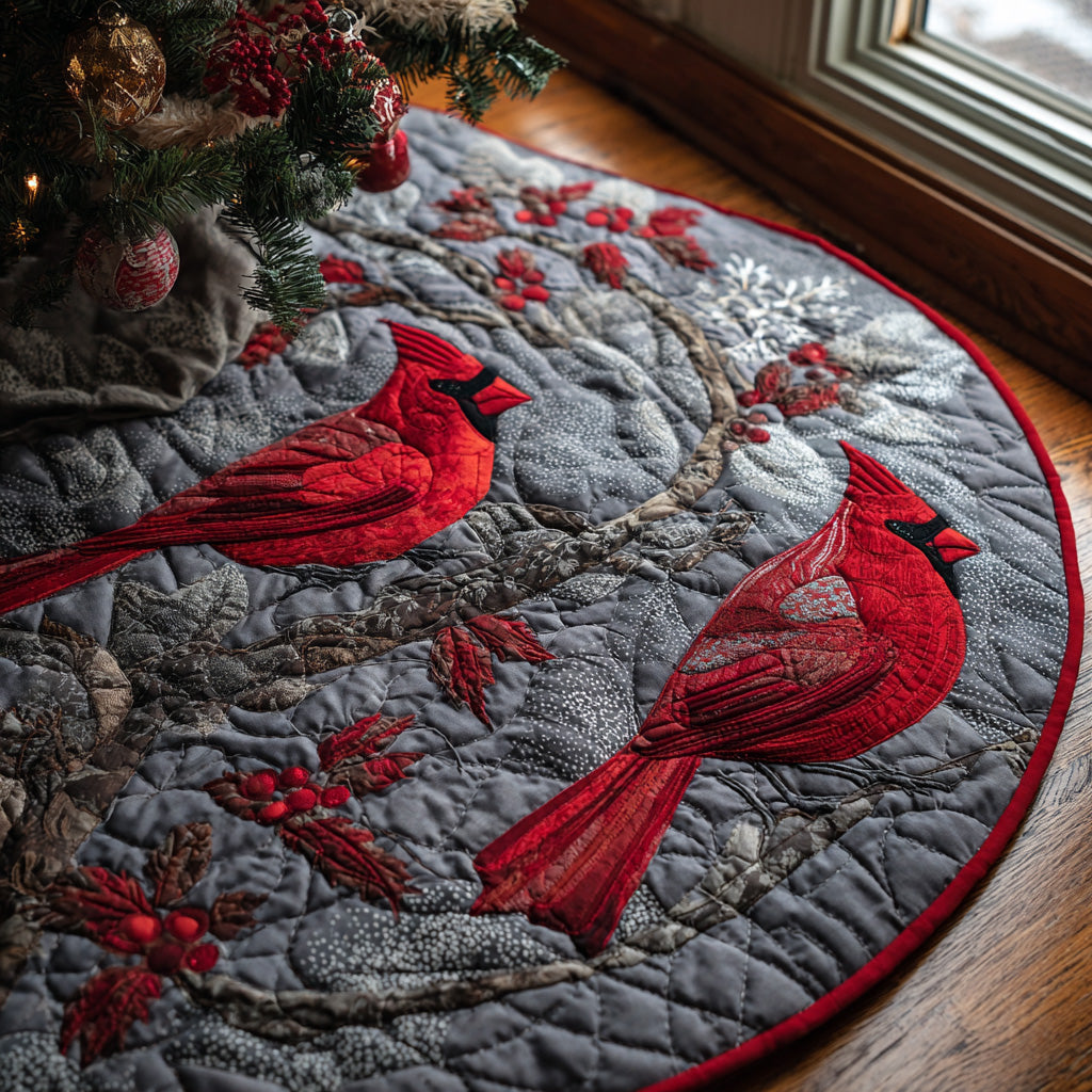 Winter Cardinal Quilted Christmas Tree Skirt Lovely Holiday Tree Skirt for Festive Vibes