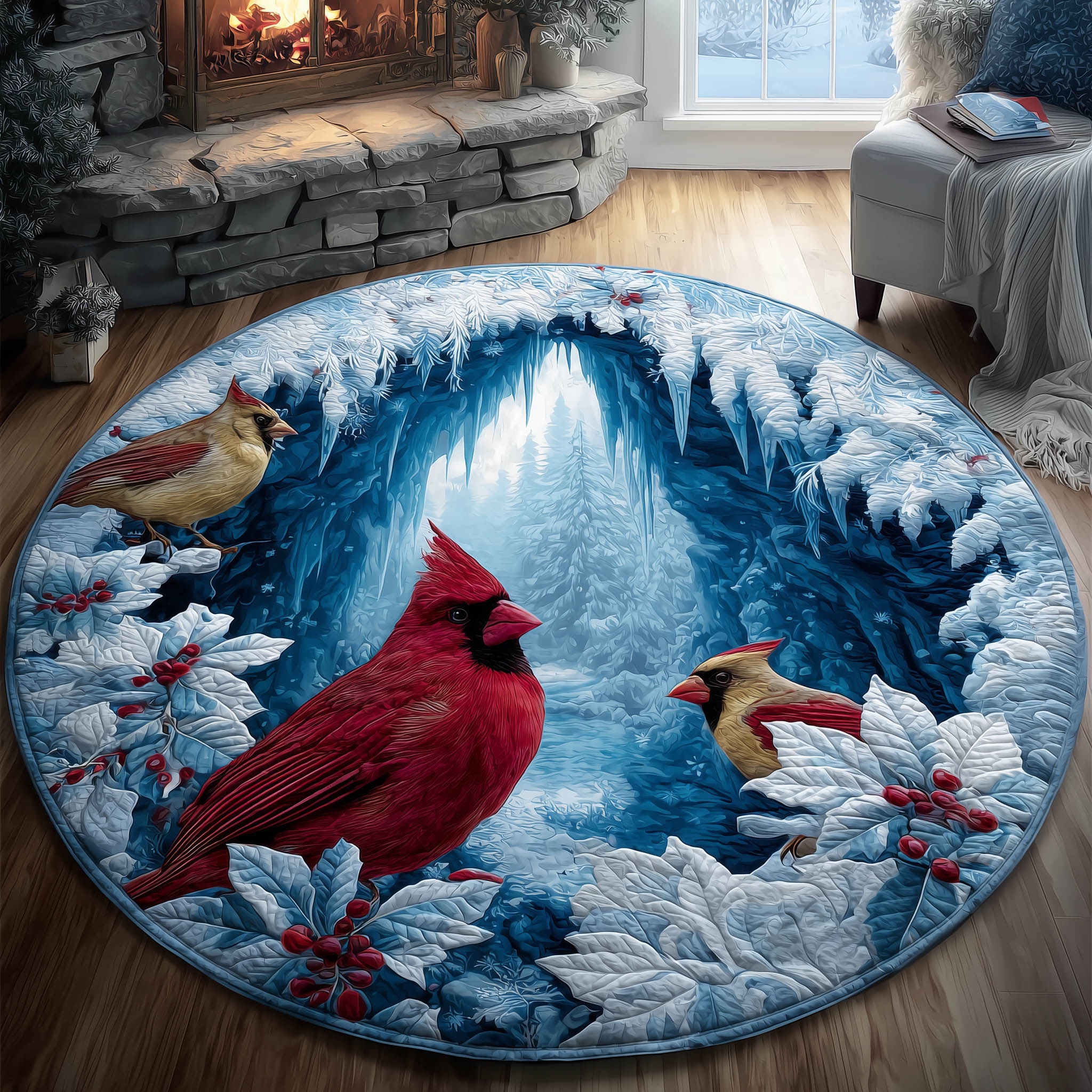 Winter Cardinal Quilted Round Mat Durable Quilted Round Mat for Everyday Use