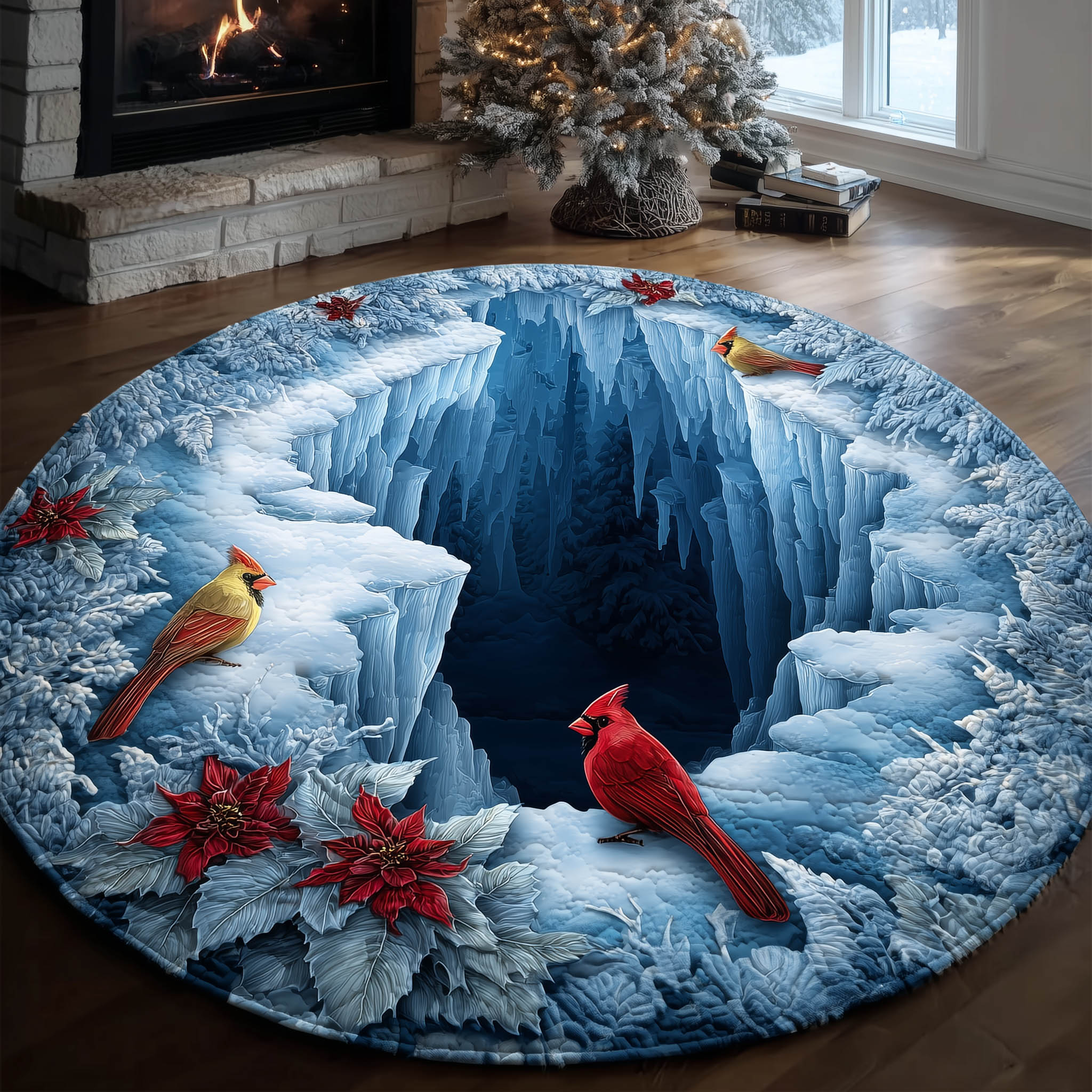 Winter Cardinal Quilted Round Mat Handcrafted Quilted Round Mat for Special Touch