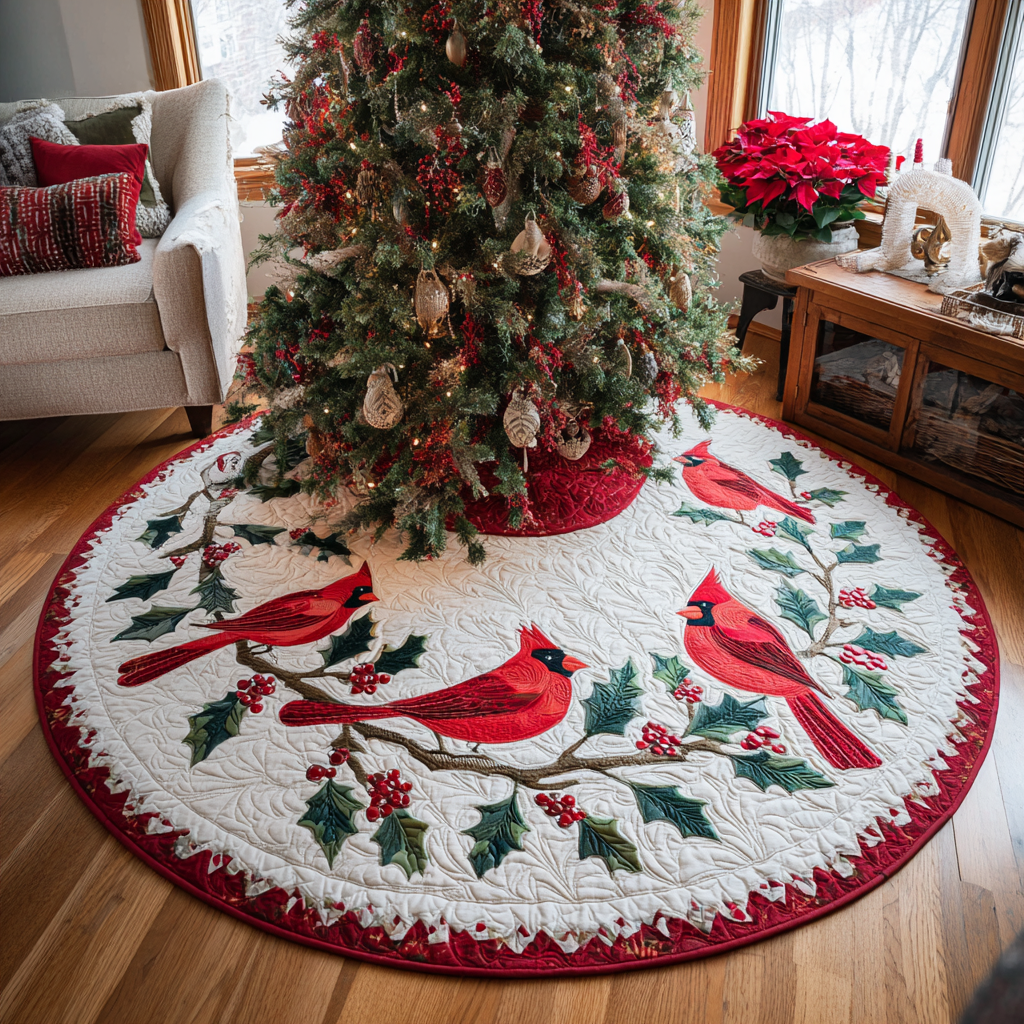 Winter Cardinals Christmas Quilted Tree Skirt Lovely Holiday Tree Skirt for Festive Vibes