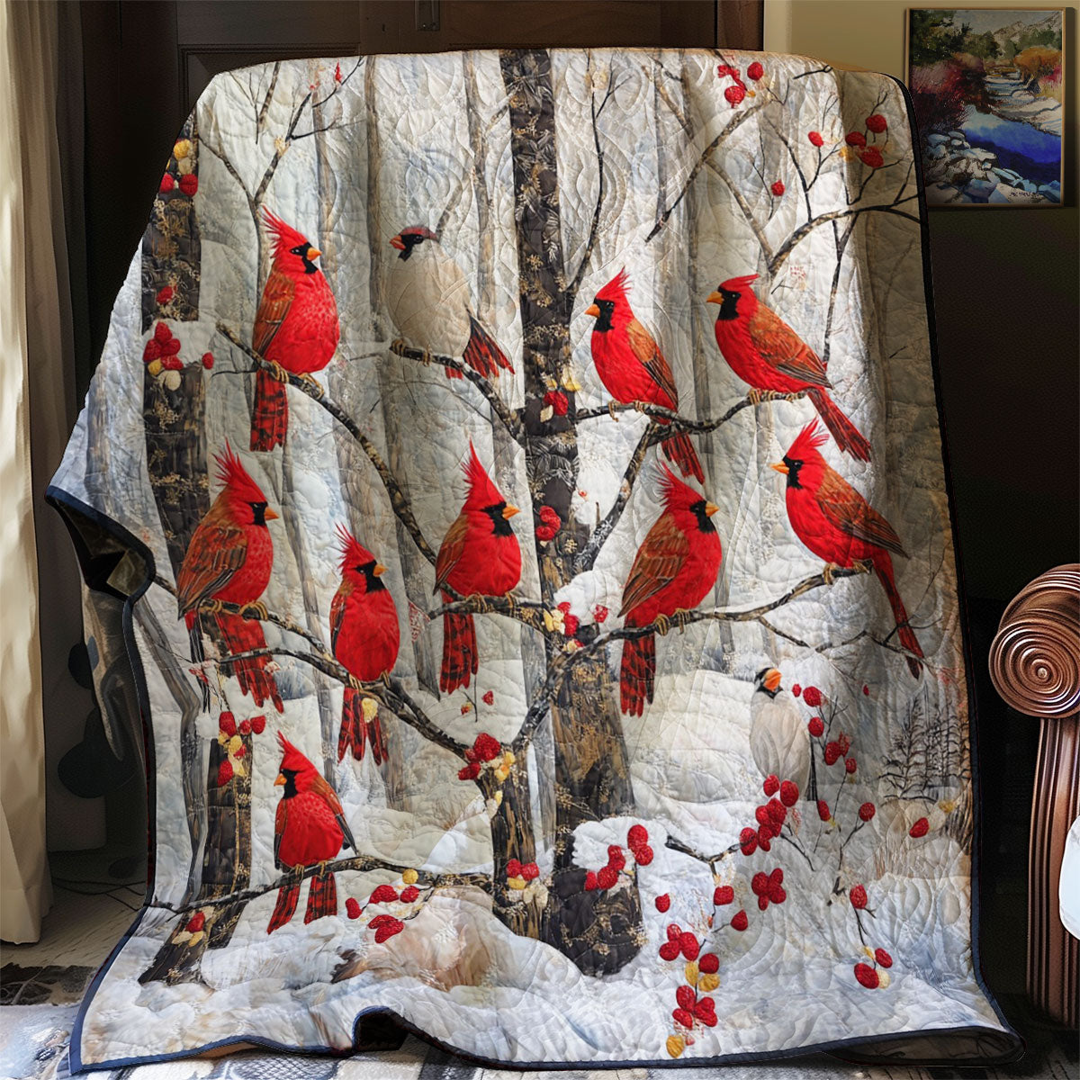 Winter Cardinals Quilt Blanket Queen Size Blanket Best Holiday Gifts 2025