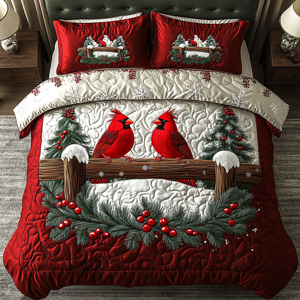 Winter Cardinals Quilted Bedding Set Cute Room Decor Red Cardinal Gift Items