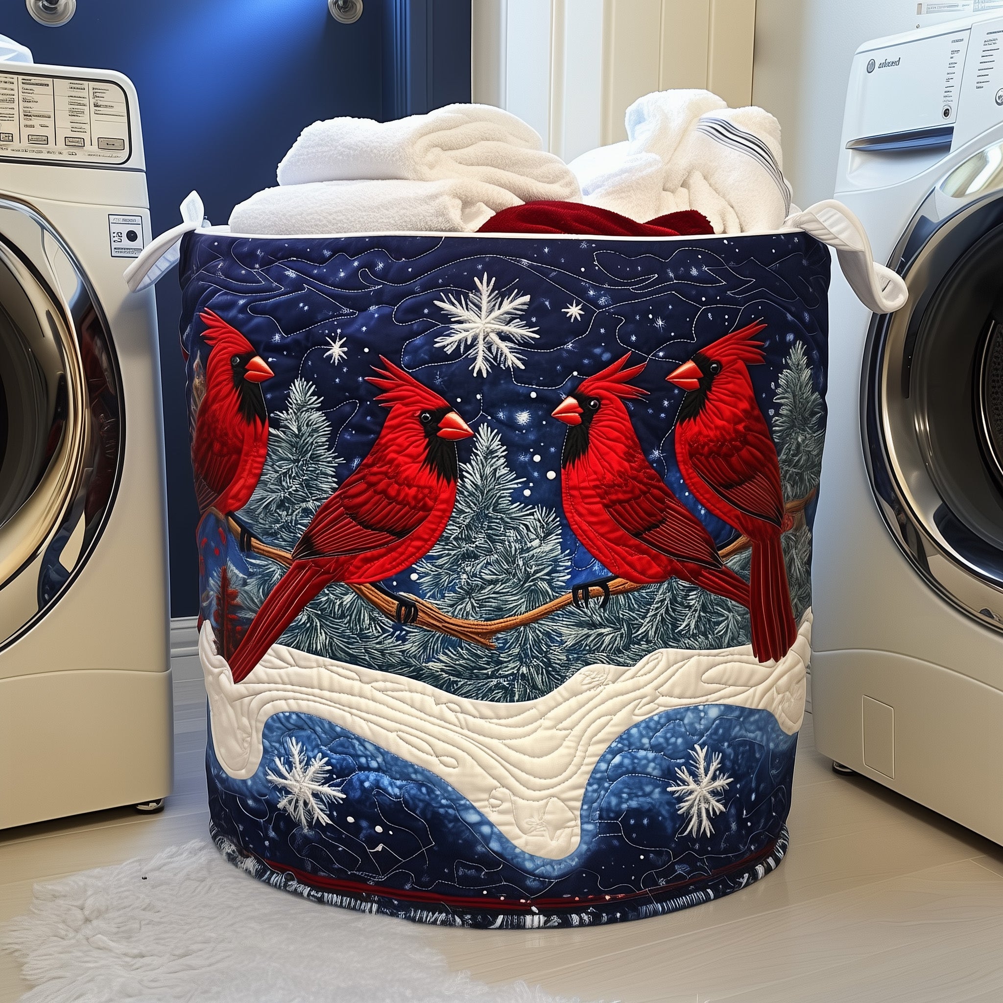 Winter Cardinals Quilted Laundry Basket Merch For Family Time