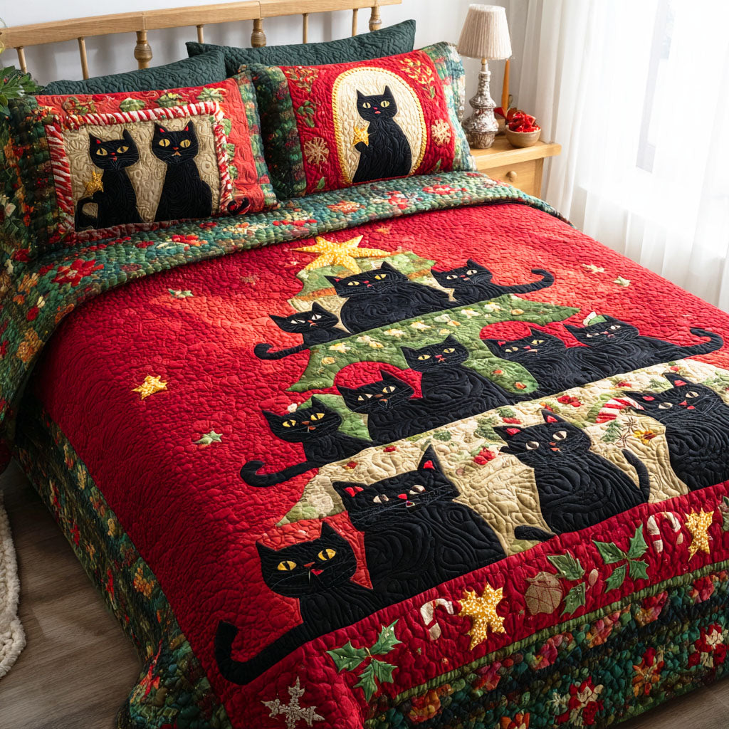 Winter Cat Glow Quilted Bedding Set Holiday Season Duvet Cover Se Black Cat Gifts For Her