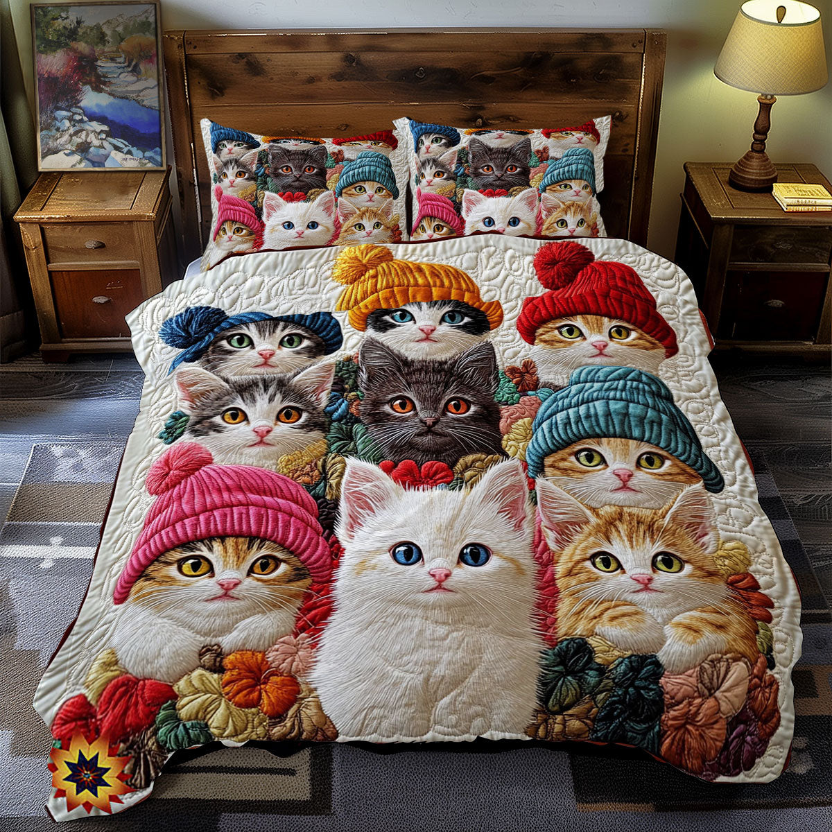 Winter Cat Quilted Bedding Set Duvet Cover Bedspread Bedroom Decor Gifts For Boyfriend