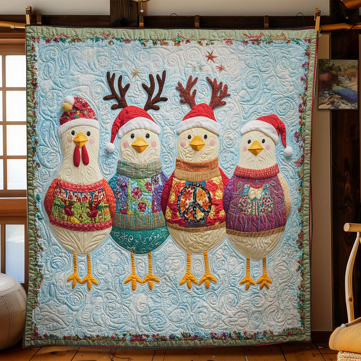Winter Chickens Xmas Quilted Blanket Blanket Coolf Gifts For Older Couples
