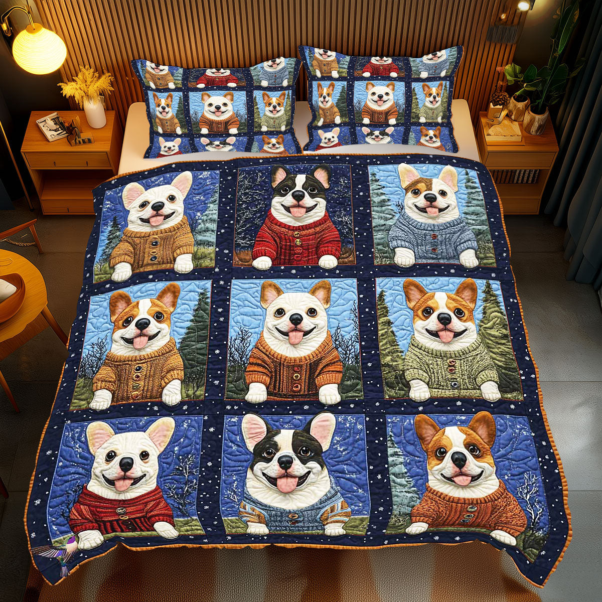 Winter Coat Corgi Holiday Xmas Quilted Bedding Set Best Christmas Gifts For Couples