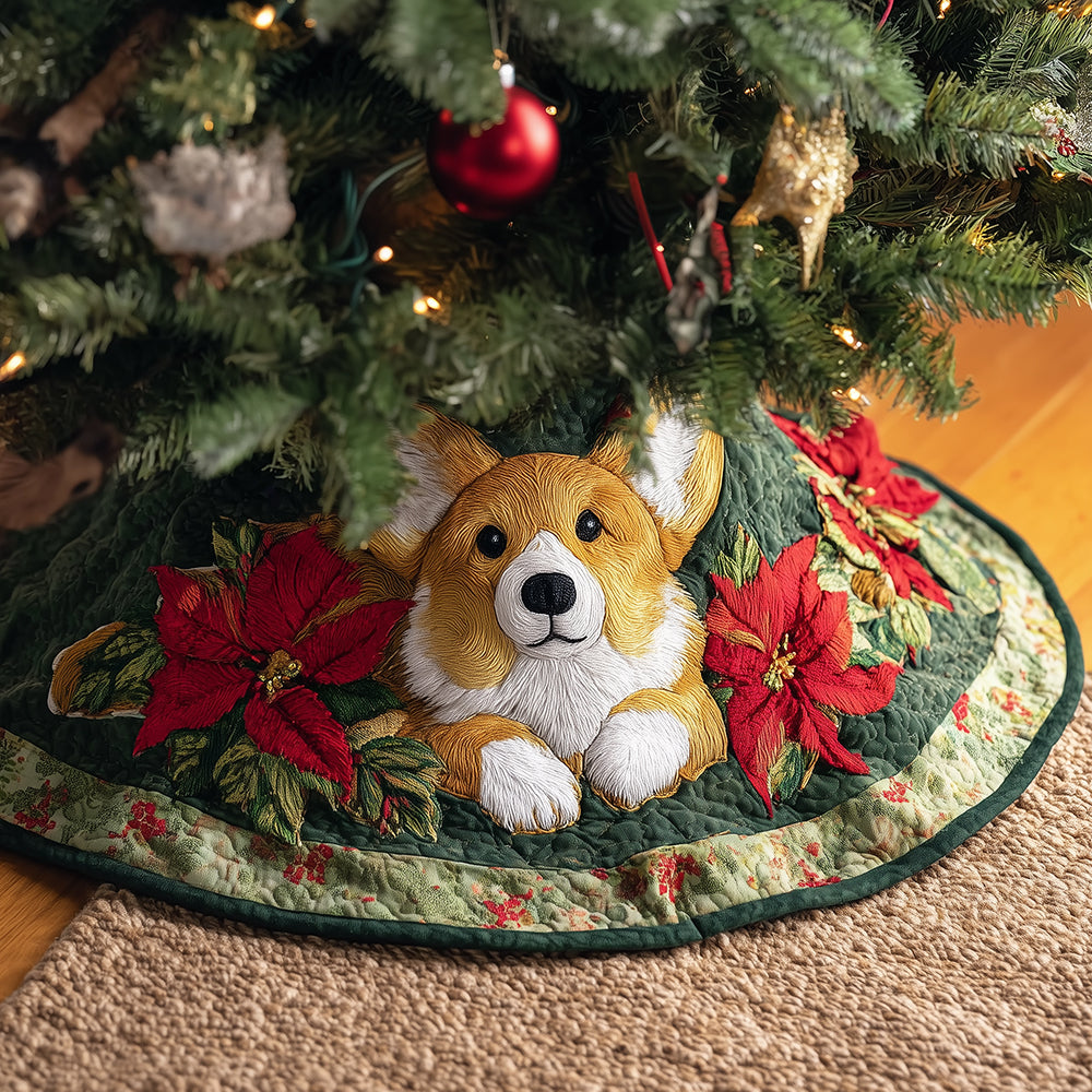 Winter Corgi Burrow Christmas Quilted Tree Skirt Holiday Home Decor Gifts For Corgi Lovers