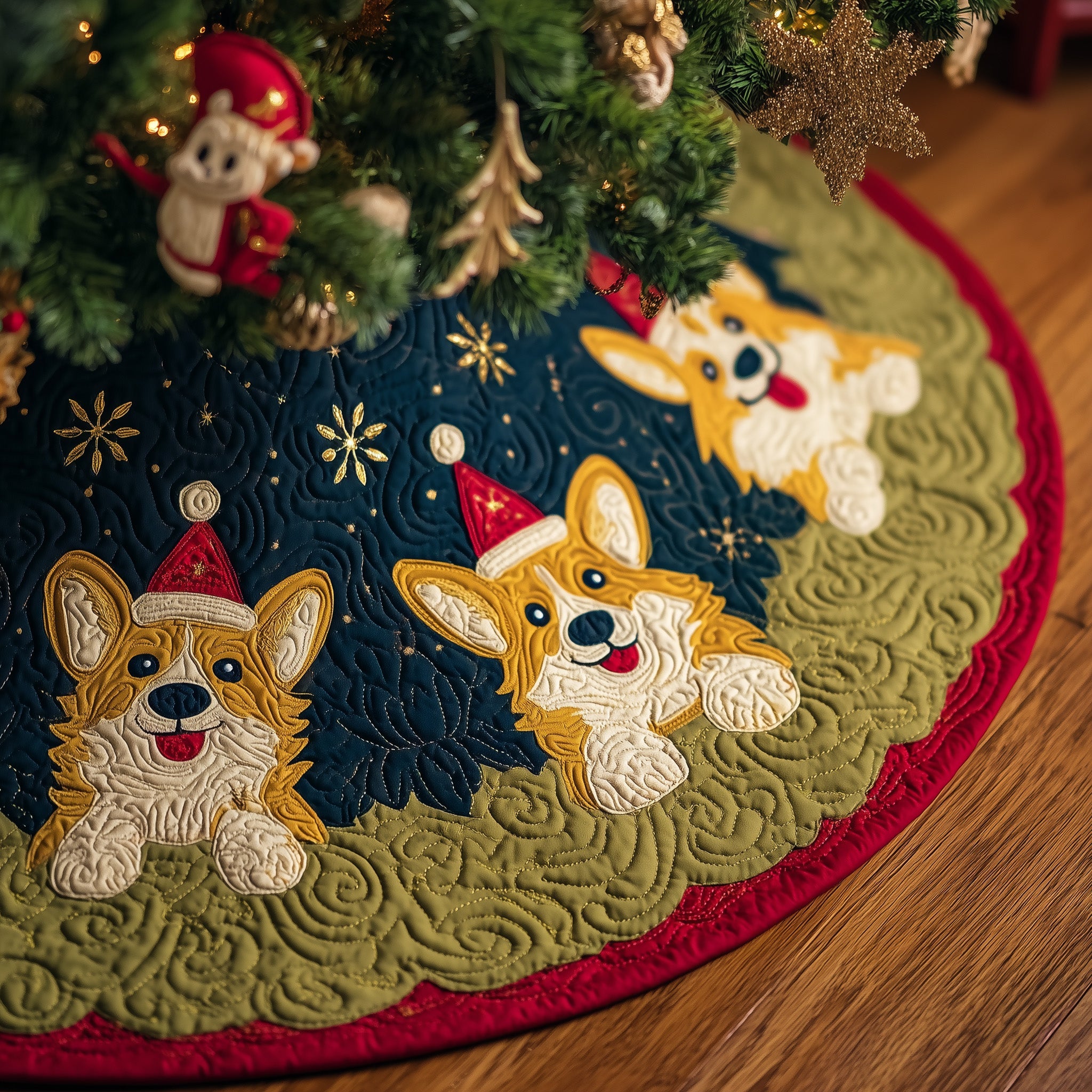 Winter Corgi Quilted Tree Skirt Beautiful Christmas Home Merch