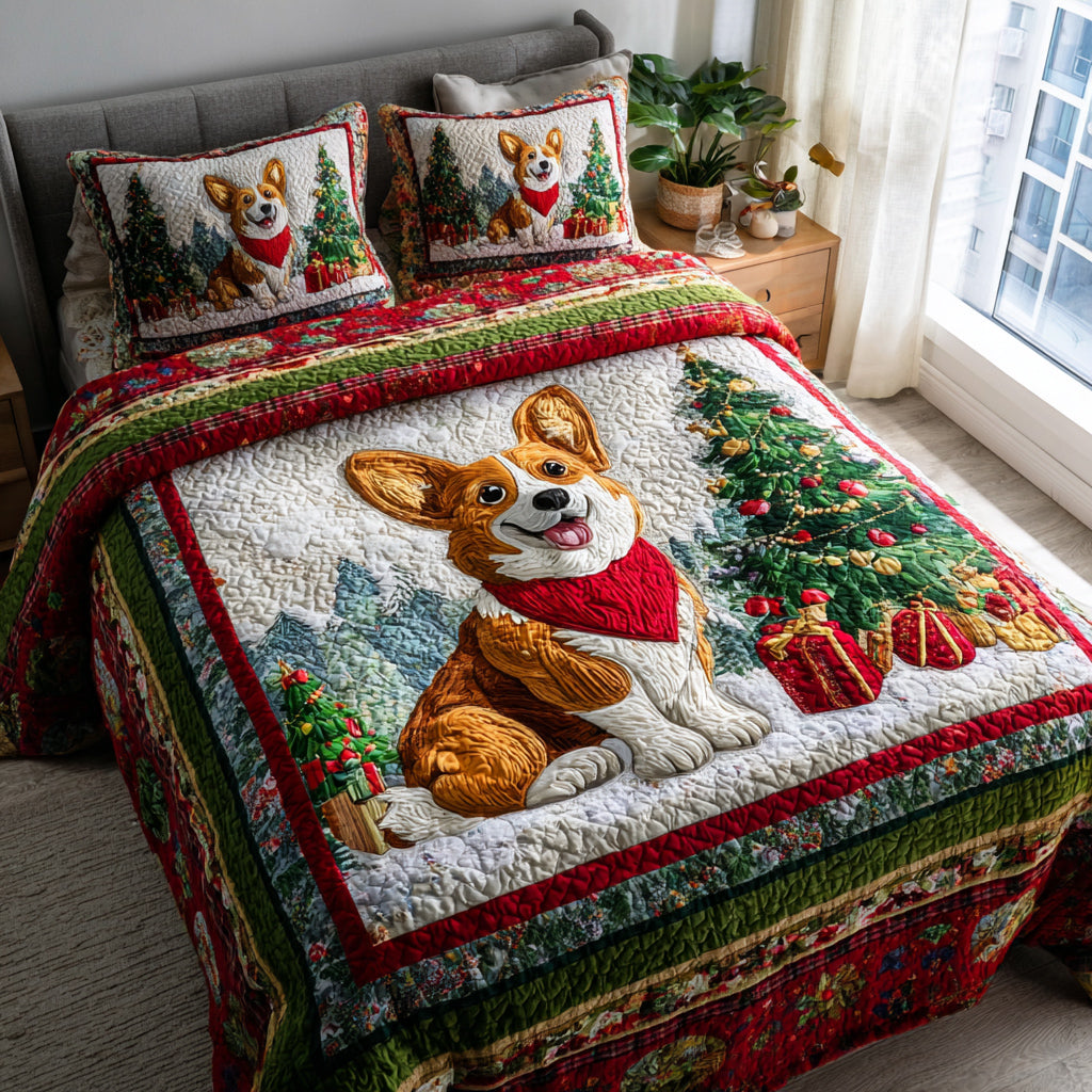 Winter Corgi Wonderland Quilted Bedding Set Christmas Bedding Duvet Cover Best Gifts For Corgi Lovers