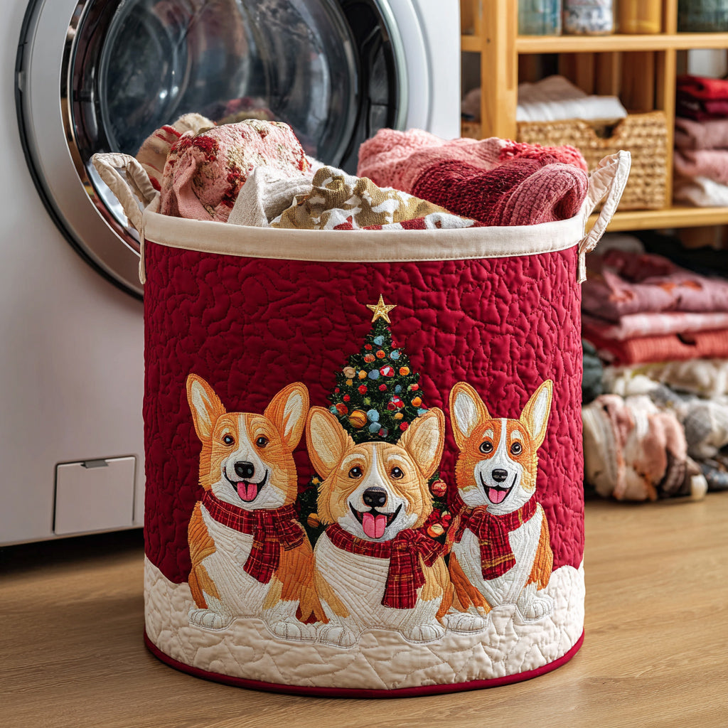Winter Corgis Quilted Laundry Basket Merch For Dad