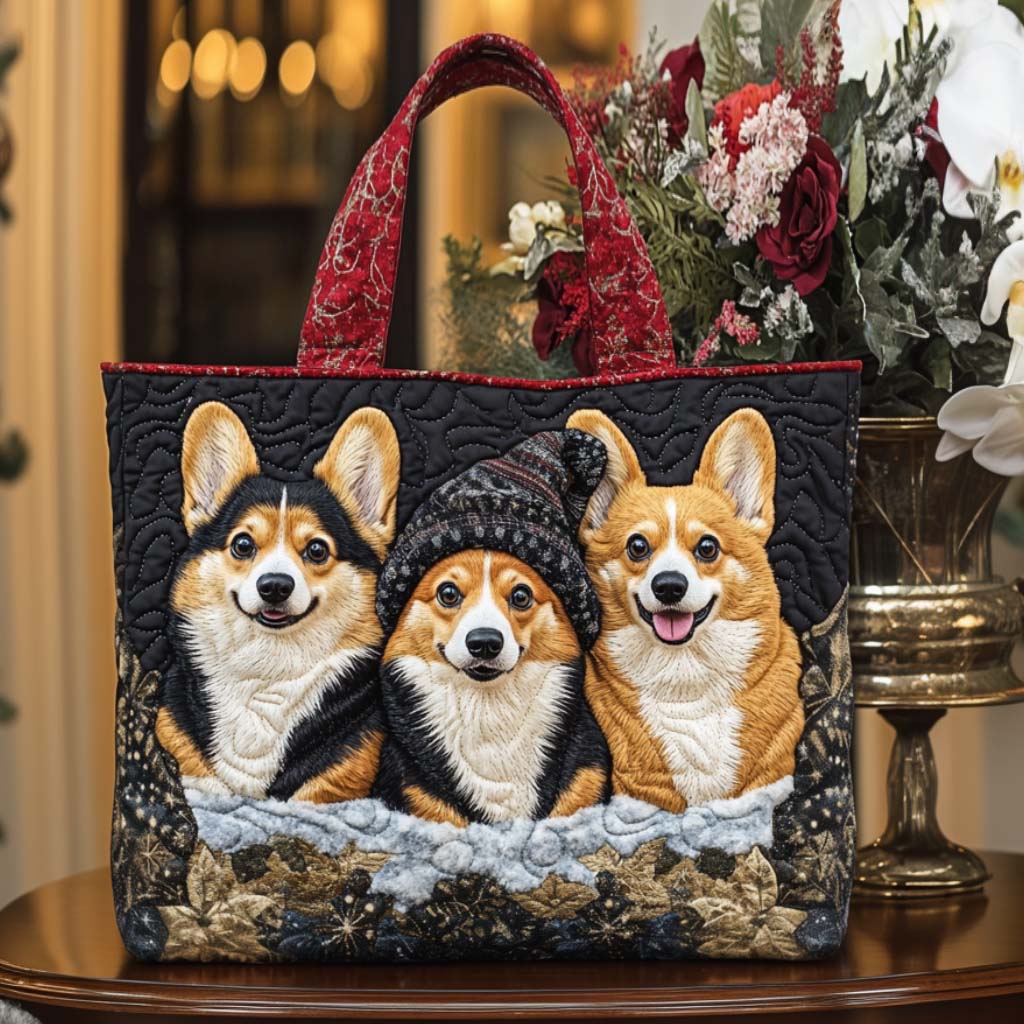 Winter Corgis Quilted Tote Bag Dog Themed Gifts