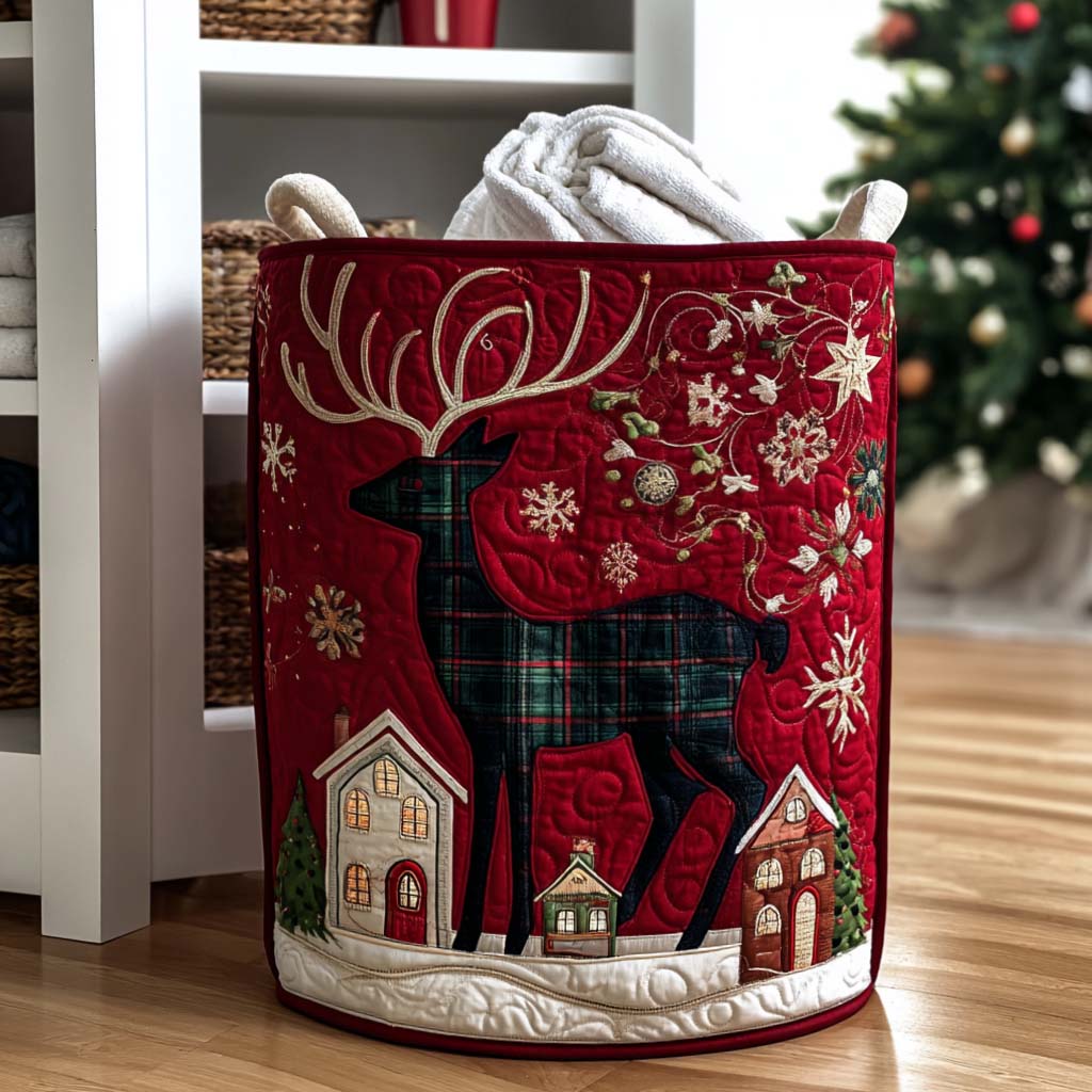 Winter Cottage Reindeer Quilted Laundry Basket Trendy Quilted Laundry Hamper Gift for Modern Living