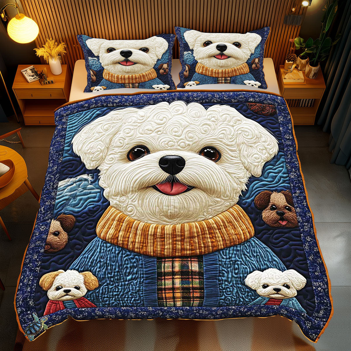 Winter Cozy Bichon Holiday Xmas Quilted Bedding Set Christmas Gifts For Mothers