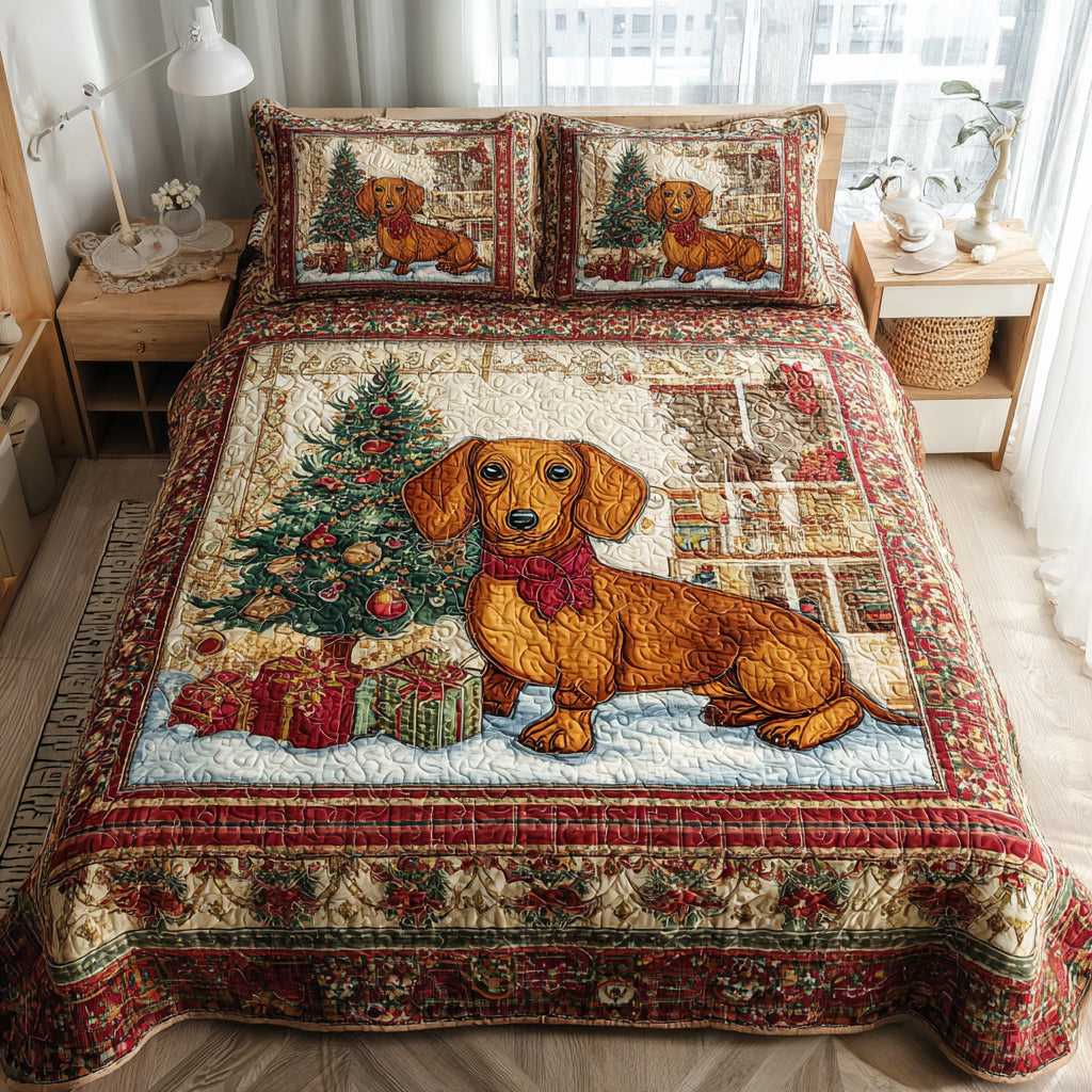 Winter Dachshund Scene Quilted Bedding Set Christmas Bed Sheets Unusual Dachshund Gifts