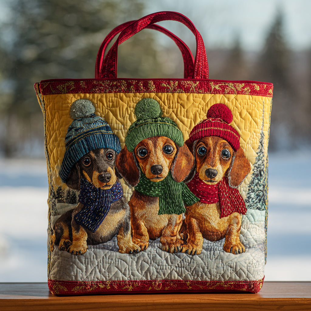 Winter Dachshund Trio Quilted Tote Bag Xmas Gifts For Dog Lovers