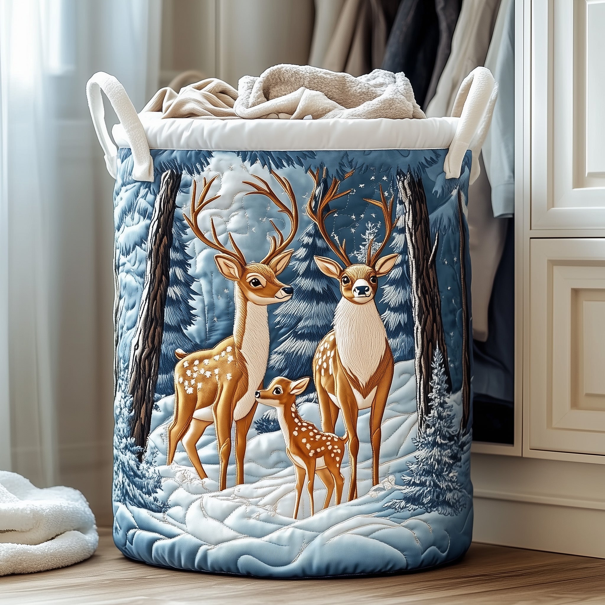 Winter Deer Quilted Laundry Basket Gifts For Forestry Majors