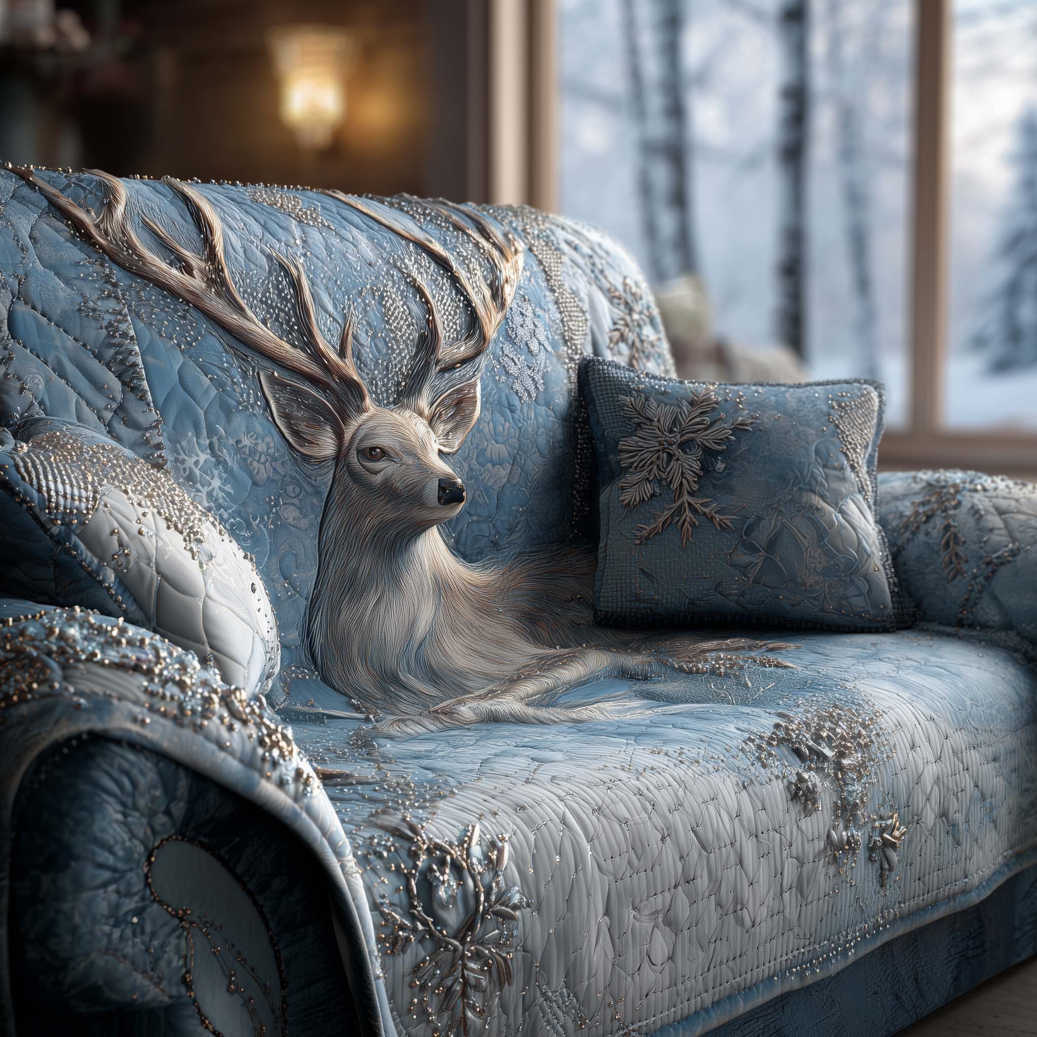 Winter Deer Quilted Sofa Cover Icy Branch Silhouette Deer Themed Gifts For Him