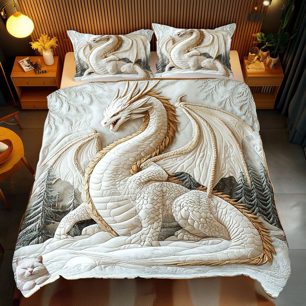 Winter Dragon Quilt Bedding Set Queen Comforter Fantasy Christmas Gift for Gamers