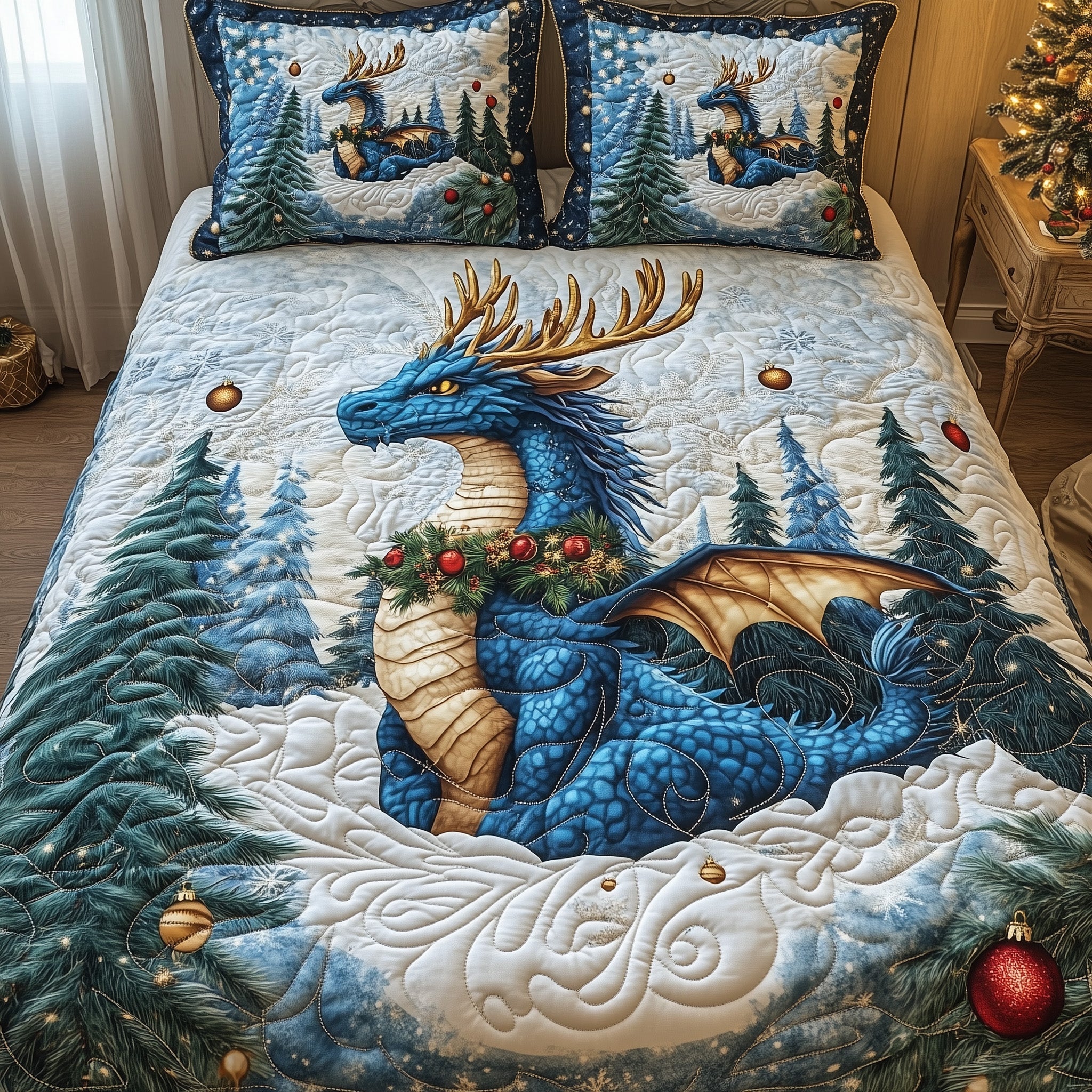 Winter Dragon Quilted Bedding Set  Bedspread Dragon In Forest Christmas Dragonfly Gift Items