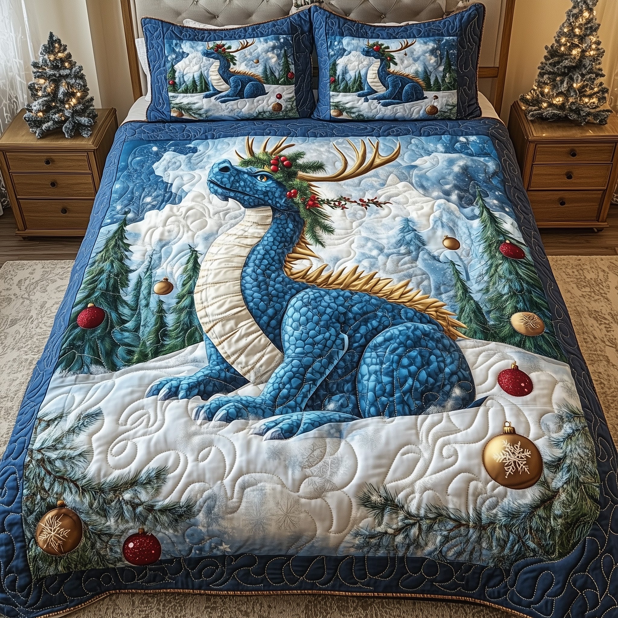 Winter Dragon Quilted Bedding Set  Duvet Cover Dragon In Forest Xmas Dragonfly Gift Items