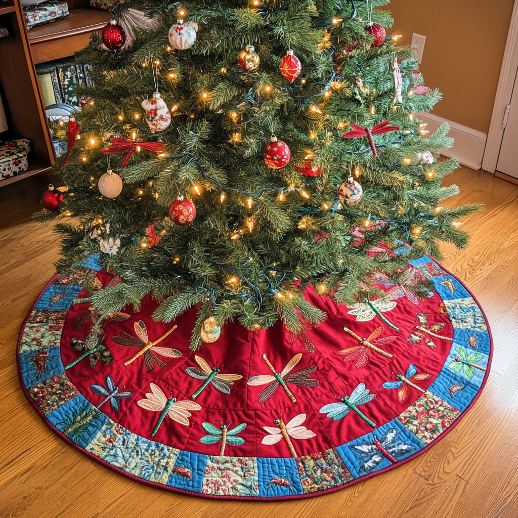 Winter Dragonfly Christmas Quilted Tree Skirt Luxury Quilted Tree Skirt with Decorative Stitching